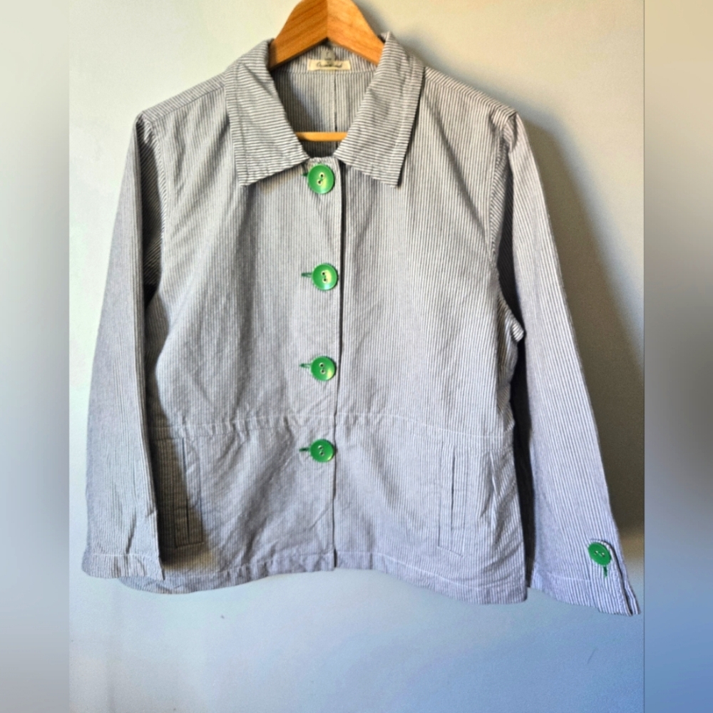 ONQUE CASUALS Striped Gray Cotton Jacket with Green Accents